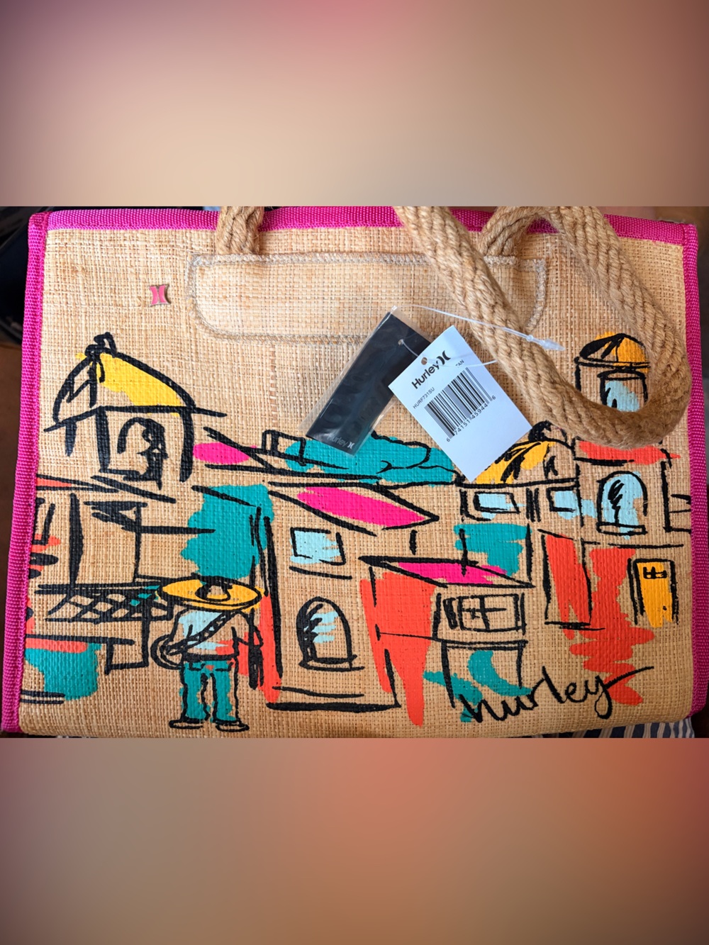HURLEY🩷❤️🧡💙🩵💚 Hand-Painted Straw Tote w/Pink Trim and Multicolor Art